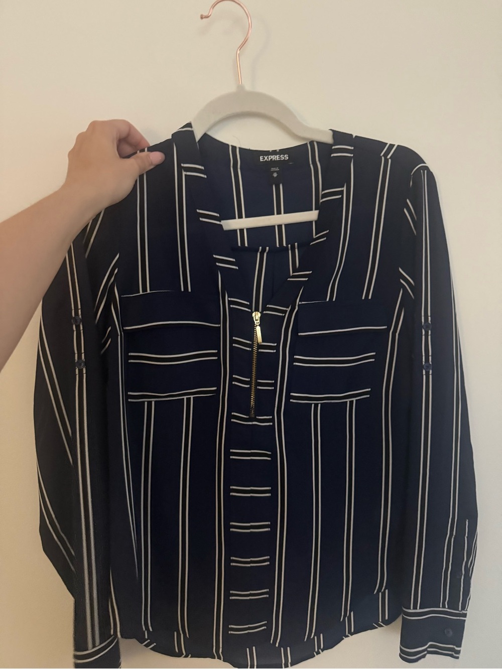 Express Navy and White Striped Zip-Front Button Down Shirt